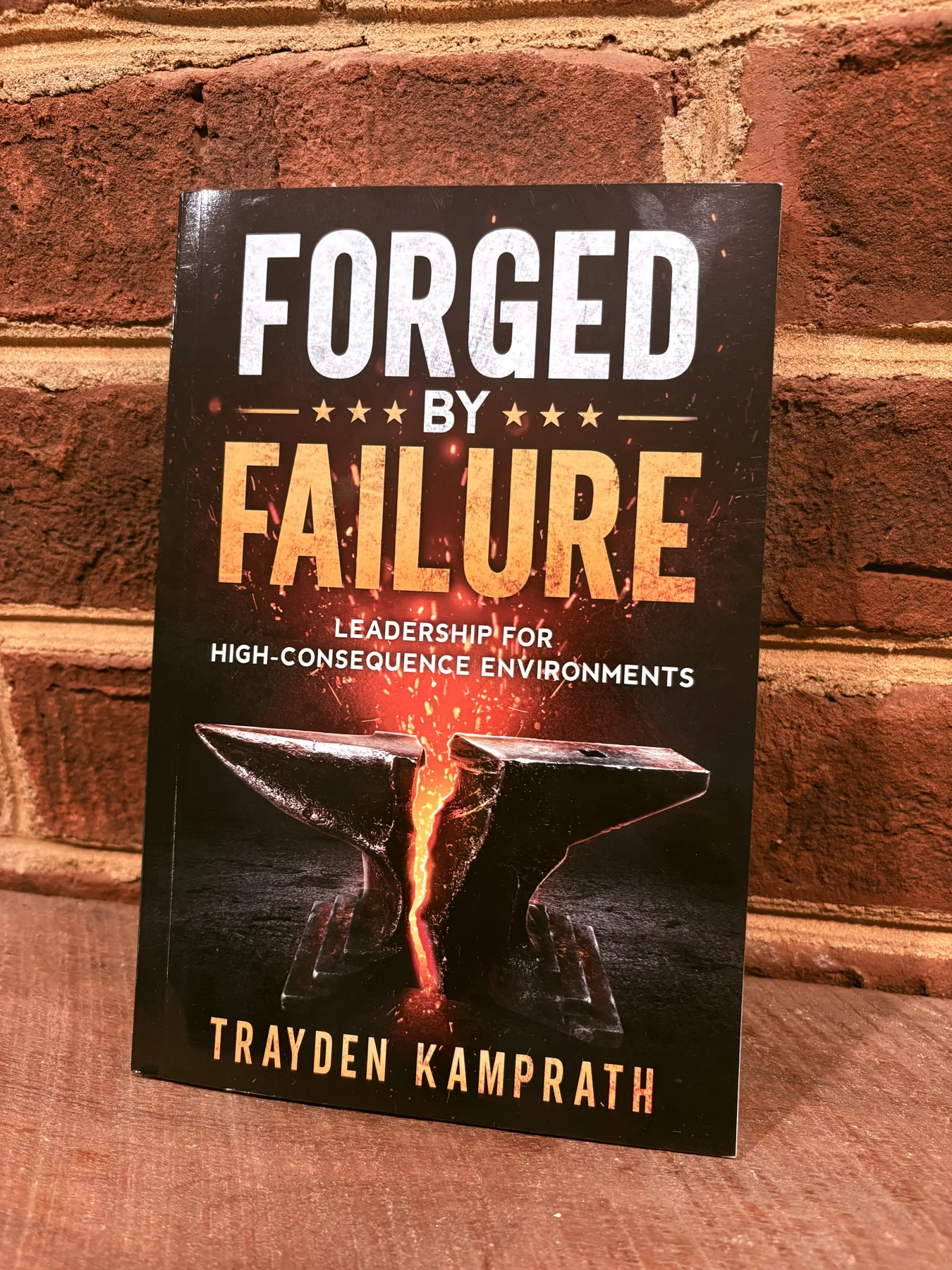 A physical copy of Forged by Failure standing against a brick wall